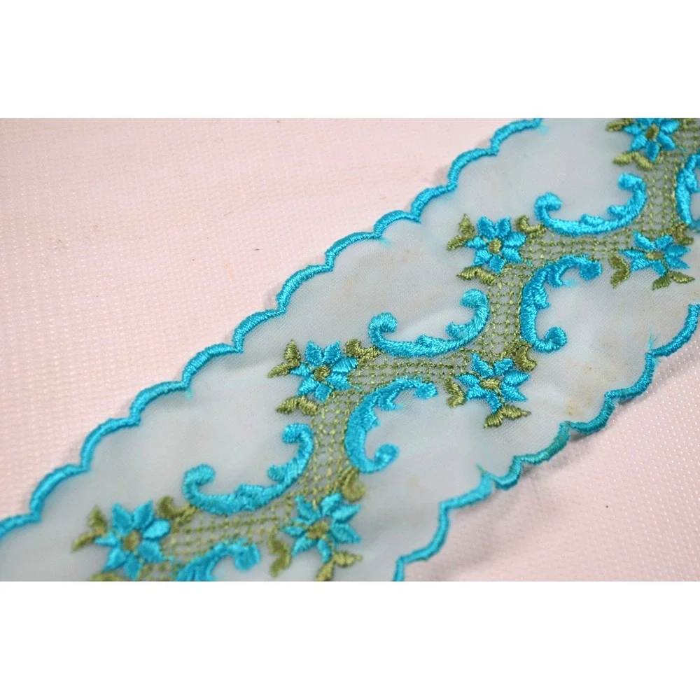 Vintage Blue Embroidered Tulle Trim Lace Embroidered Scalloped Edge 7  yards